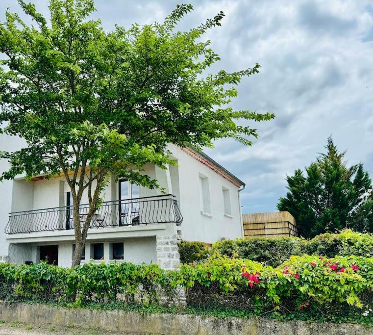 une maison blanche avec un arbre devant dans l'établissement Lou Maluma, à Saint Alban Auriolles