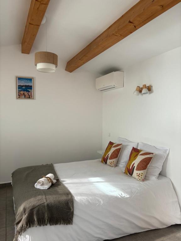 un chien allongé sur un lit dans une chambre dans l'établissement Appartement bord de mer 2 personnes, à Sagone