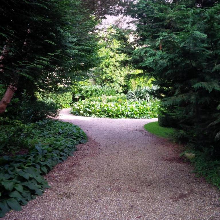un chemin à travers un jardin planté d'arbres et de plantes dans l'établissement Gite La Londe, à Longueville