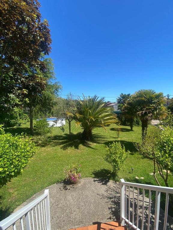a garden with palm trees and a white fence at La Fincurri del Nando in A Coruña