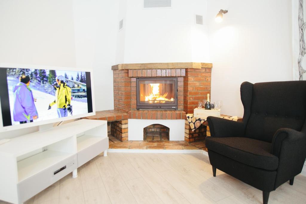 sala de estar con chimenea y TV en Mountain Apartments SuperSki en Cavnic