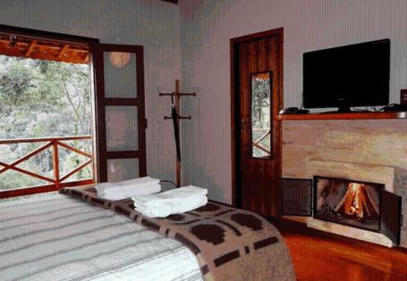 um quarto com uma lareira, uma televisão e uma cama em Pousada Três Orelhas - Gonçalves MG em Gonçalves