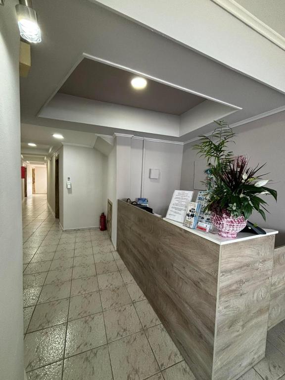 an office lobby with a reception counter with a potted plant at Summer Beach Hotel in Polychrono