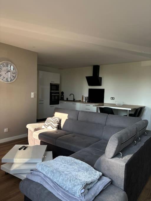 un salon avec un canapé et une horloge au mur dans l'établissement Appartement proche de la gare, à Rodez