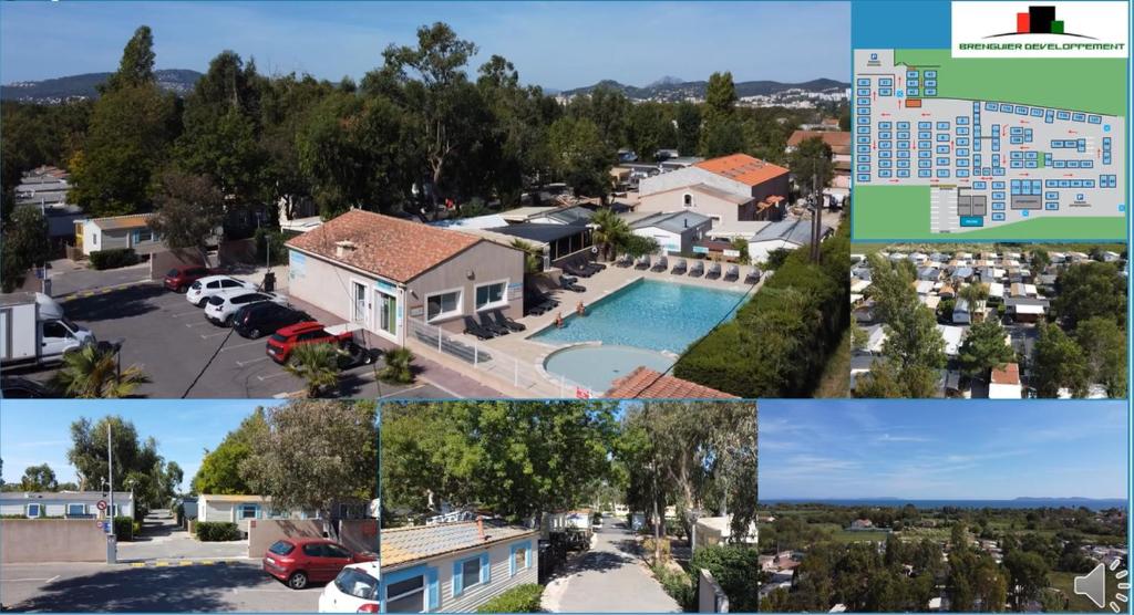 un collage de photos d'une maison avec une piscine dans l'établissement MOBIL HOME GLAMPING CONFORT D'UN HOTEL SANS LES CONTRAINTES PISCINE PROMOTION SEPTEMBRE 3 CHAMBRES - 2 SdB -climatisé - 300m de la mer - piscine - parking -, à Hyères