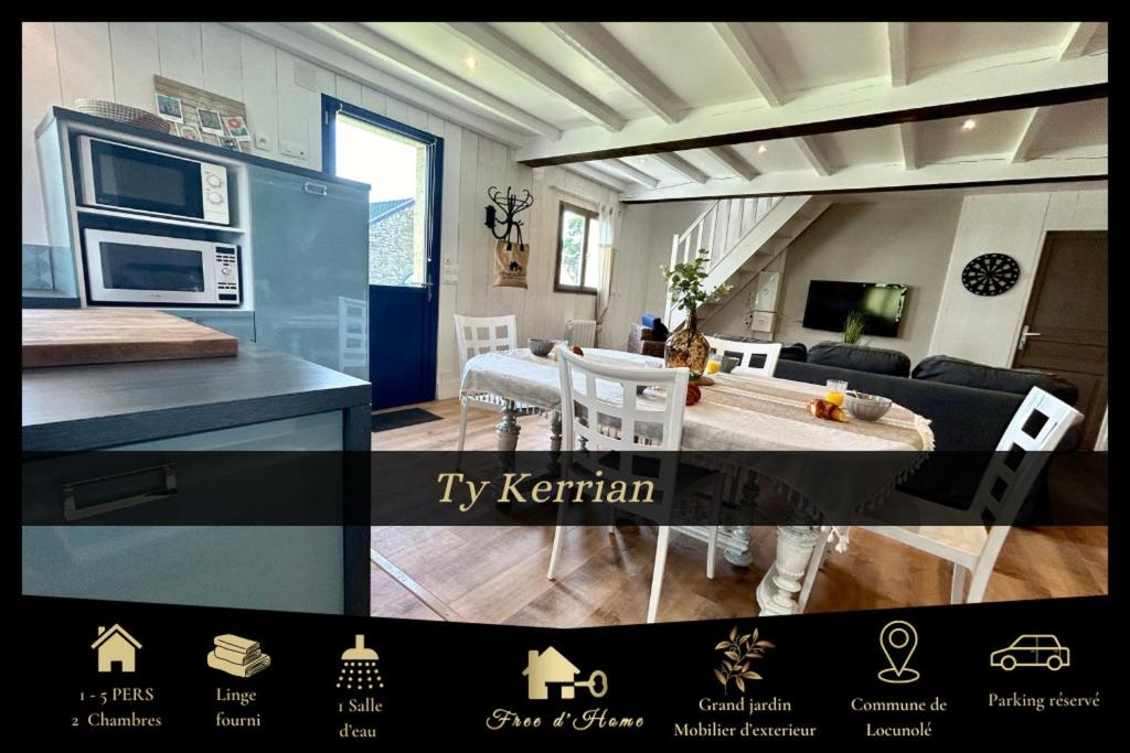 a kitchen and a living room with a table and a couch at Ty Kerrian, maison avec jardin à la campagne in Locunolé