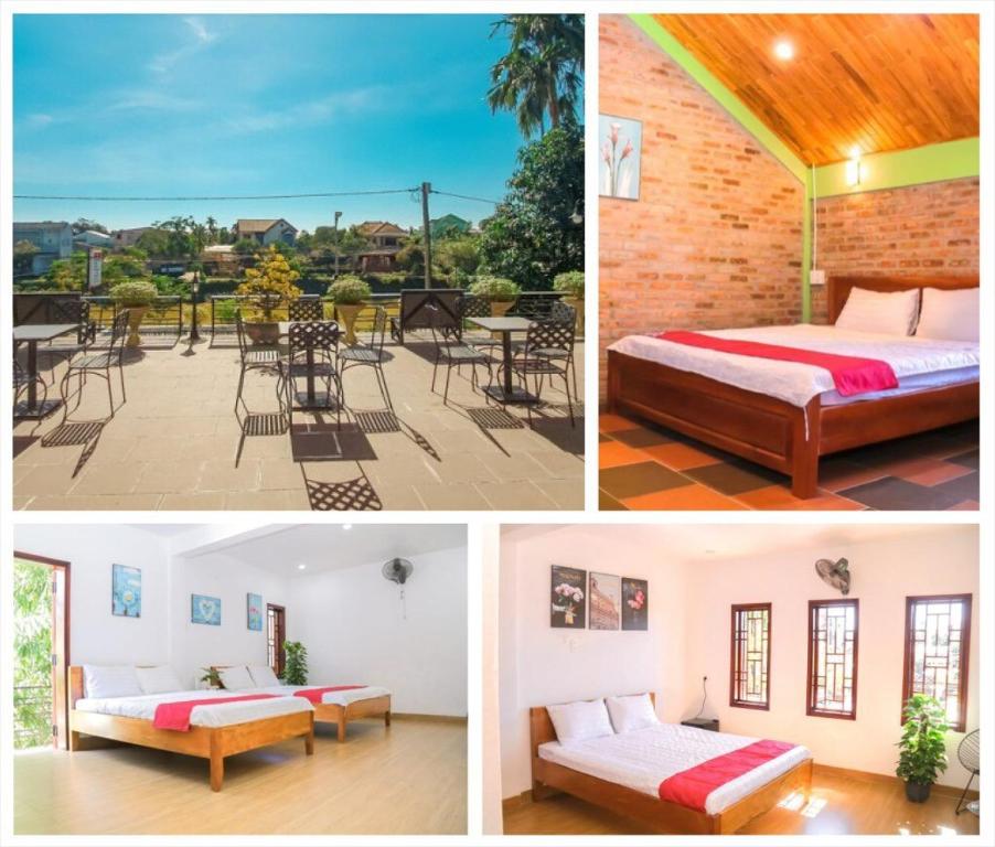 un collage de quatre photos d'une chambre d'hôtel dans l'établissement Lucky House, à Hue