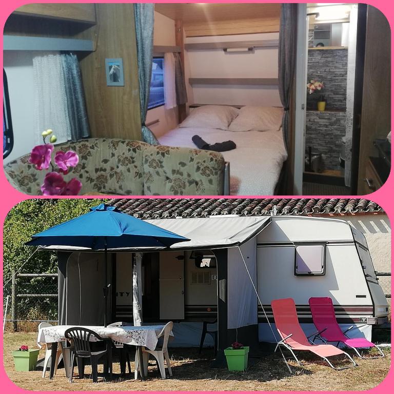 a room with a bed and a tent with a table and chairs at Séjour à la ferme in Vaylats