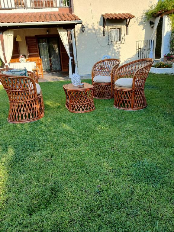 a group of wicker chairs and tables on the grass at Elani house in Elani