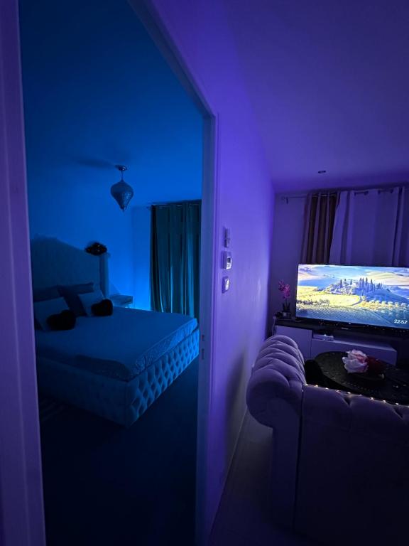 Cette chambre violette comprend un lit et une télévision à écran plat. dans l'établissement Deluxe appartement Jacuzzi, à Freneuse