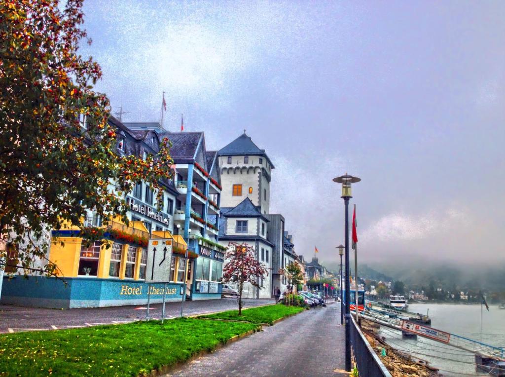 a large building on a street next to a river at Hotel Rheinlust in Boppard