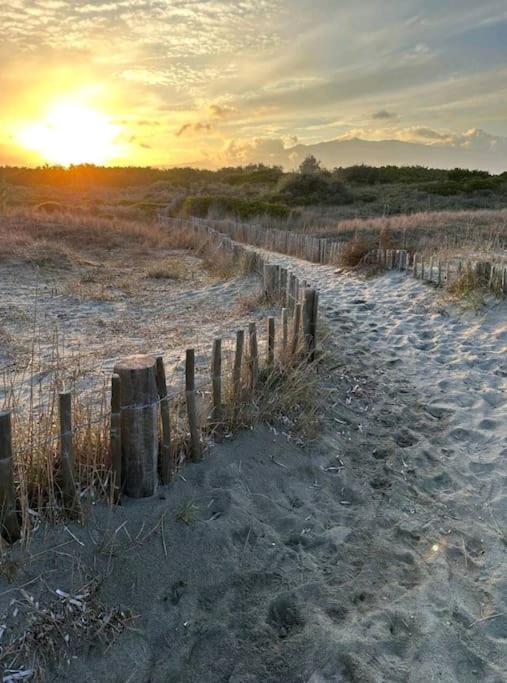 une clôture sur la plage avec le coucher du soleil en arrière-plan dans l'établissement La Maddalena T2 47m2 50 metre de la plage, à Borgo