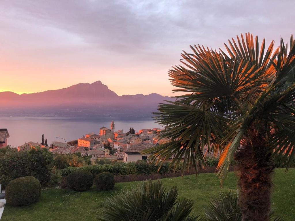 Una vista de un pueblo con una palmera y una montaña en Bella Vista am Gardasee - Albisano, en Albisano