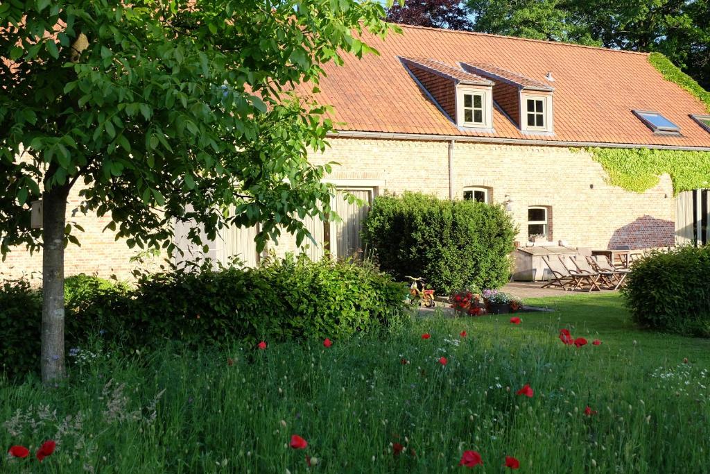 una casa con un giardino con fiori rossi nell'erba di 15 inn a Mol
