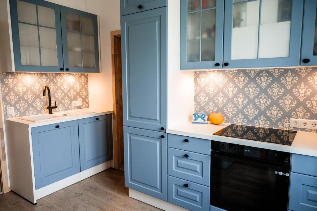 a kitchen with blue cabinets and a sink at Small Villa Subbi! in Tartu