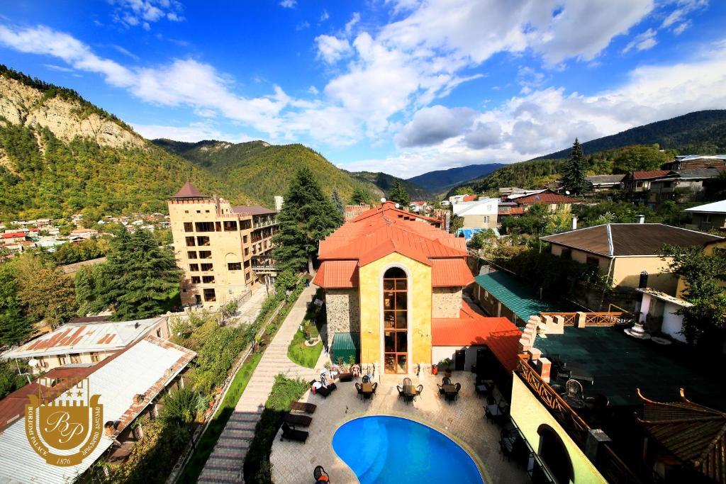 an aerial view of a resort with a swimming pool at Borjomi Palace Health & Spa Center in Borjomi