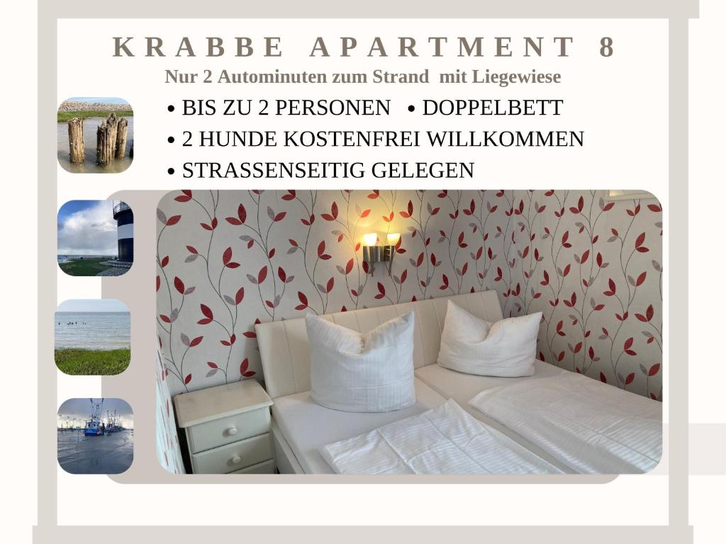 a collage of photos of a bedroom with a bed at Krabbe Apartment 8 an der Nordsee, ideal für Paare, 2 Hunde willkommen, kostenfreier Parkplatz, Geschäfte und Restaurants in 2 Gehminuten erreichbar in Wremen