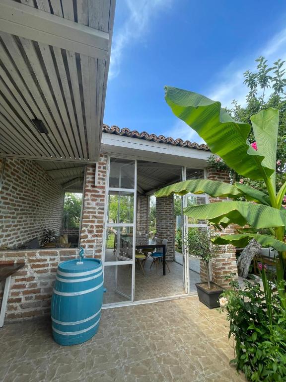 a patio with a large blue barrel on a patio at Casa Mediterana in 2 Mai