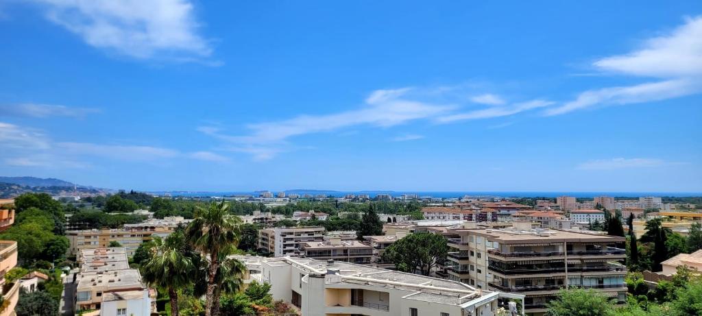 a view of a city with buildings and palm trees at Vue Mer Capitou in Mandelieu-la-Napoule