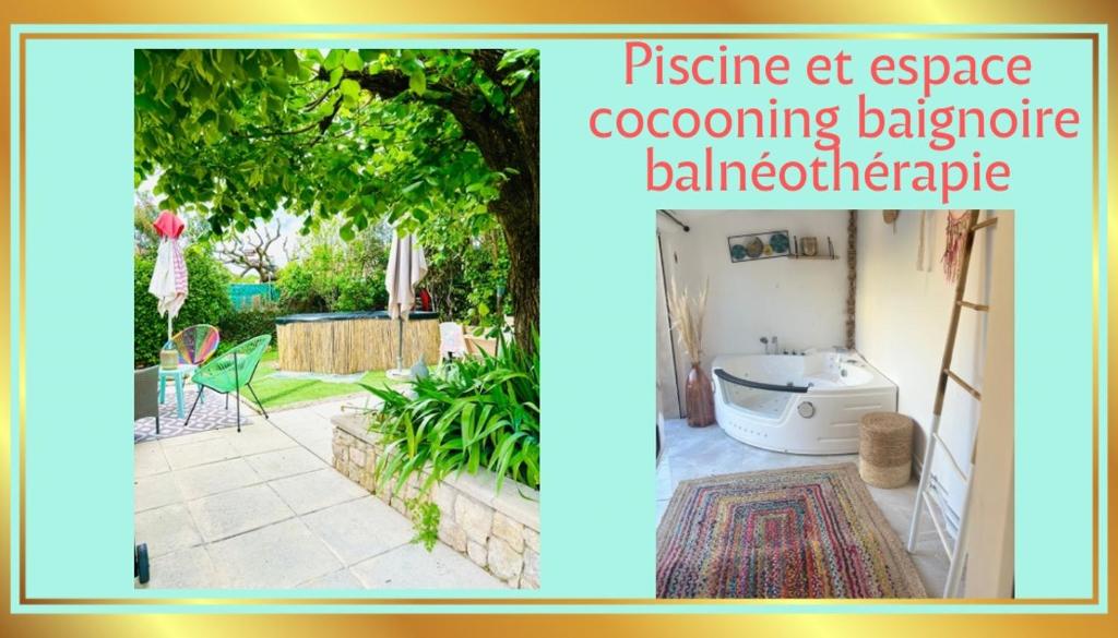 une photo d'une cour arrière avec une baignoire et un jardin dans l'établissement La Petite Provence, à Villes-sur-Auzon