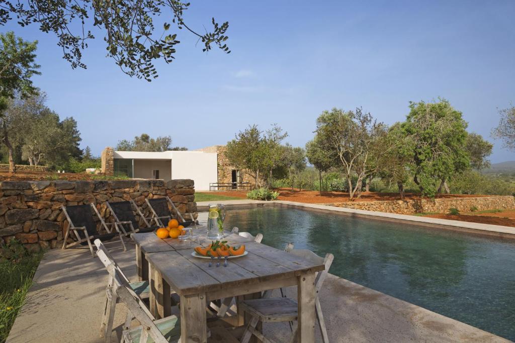 a table with fruit on it next to a pool at thesuites Ibiza Can Basso in Santa Eularia des Riu