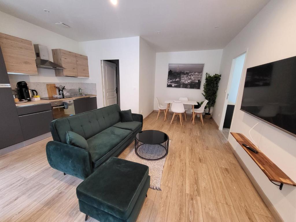 un salon avec un canapé vert et une table dans l'établissement Magnifique et confortable appartement hyper centre, à Saint-Étienne