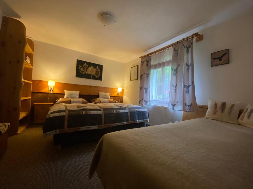 Un dormitorio con dos camas y una ventana en V ihličí, en Vysoké Tatry