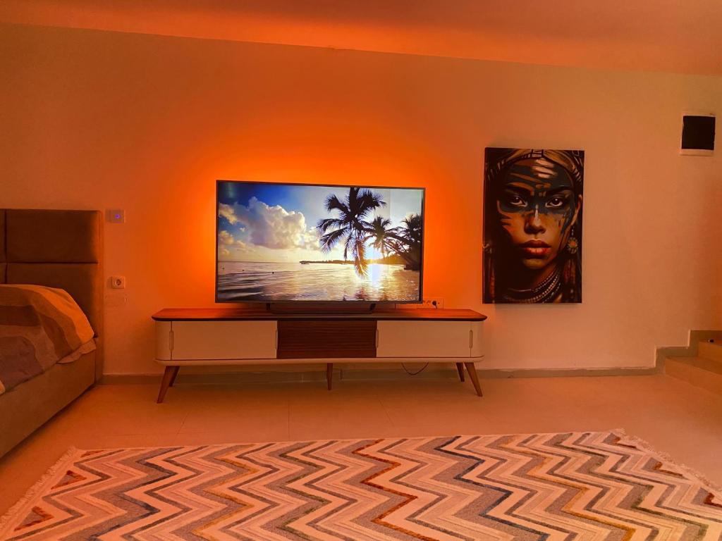 a living room with a flat screen tv on a table at Podgorica 23 in Podgorica