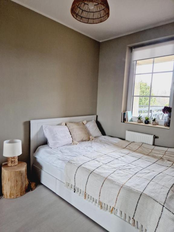 Posteľ alebo postele v izbe v ubytovaní Apartament z tarasem widok na jezioro - Ostroda