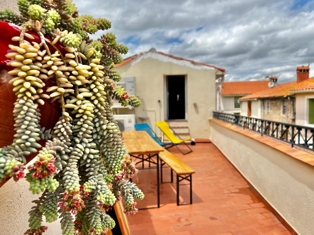 un bouquet de fruits sur le côté d'un balcon dans l'établissement Maison familiale, à Bages