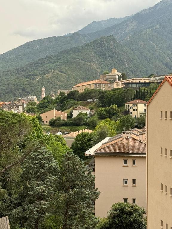 une vue d'une ville avec des montagnes en arrière-plan dans l'établissement Appartement T4, à Corte