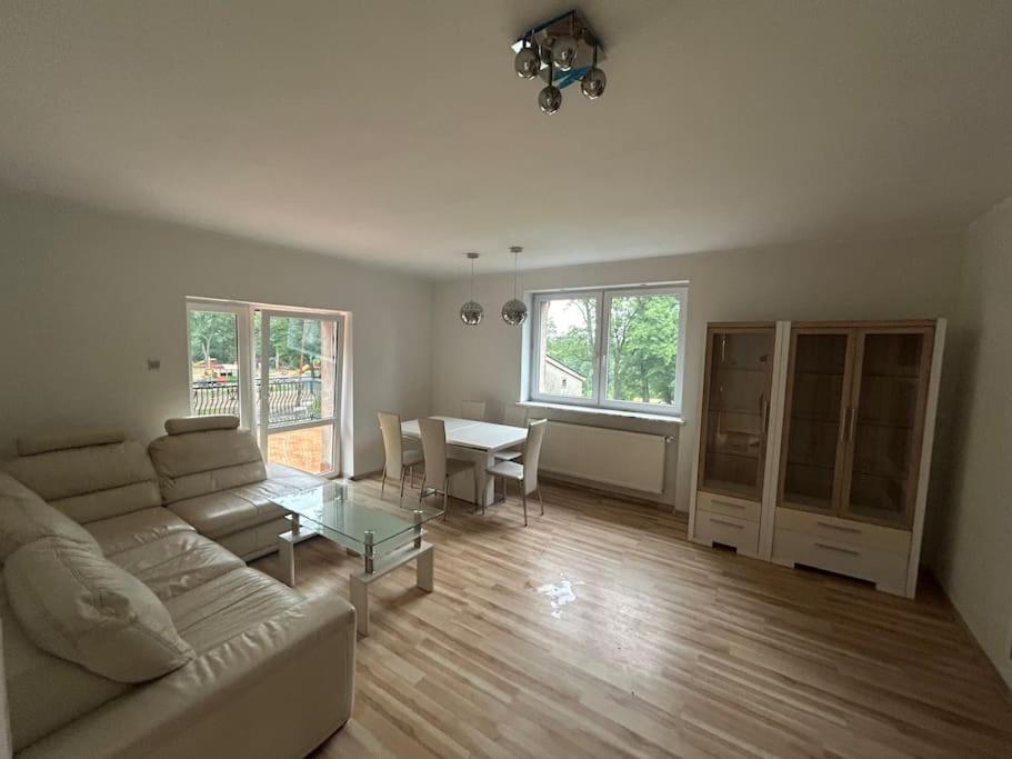 レンボルクにあるApartament Park Lęborkのソファとテーブルのあるリビングルーム