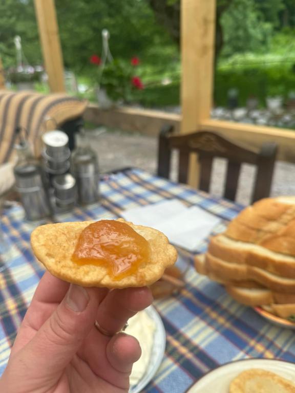 a person holding a piece of bread with jelly on it at Guest house Hyrmet Demushi in Valbonë