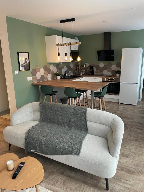 un salon avec un canapé et une cuisine dans l'établissement L'Oscar, à Clermont-Ferrand