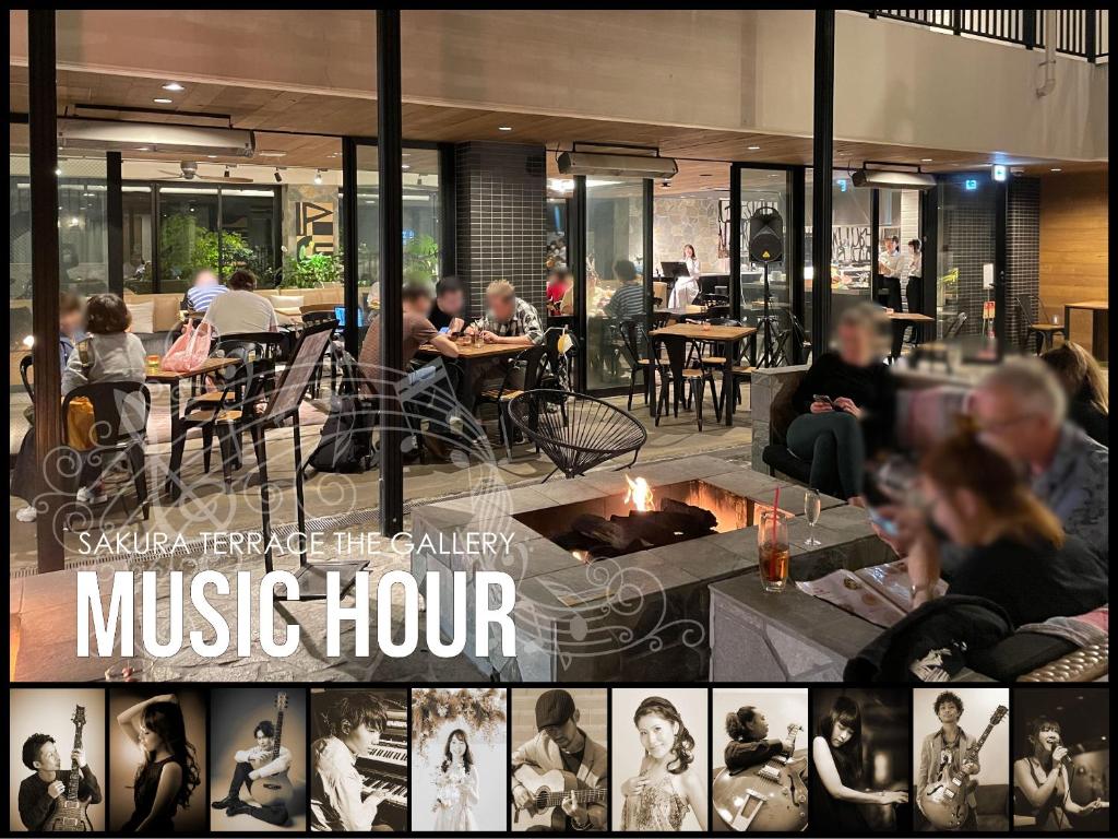 a collage of photos of people sitting in a restaurant at Sakura Terrace The Gallery in Kyoto