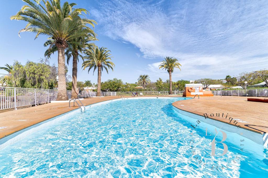 a large swimming pool with palm trees in the background at Oasis con piscinas y jardines en Maspalomas in Maspalomas