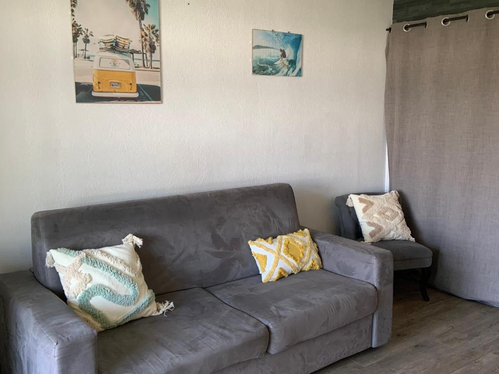 - un canapé gris dans le salon avec deux oreillers dans l'établissement Studio - bord de mer, à Saint-Mandrier-sur-Mer