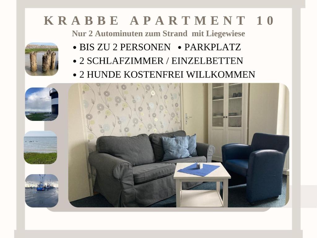 a living room with a couch and a table at Krabbe Apartment 10, zentral gelegen neben Muschel-und Krabbenmuseum, bis zu 2 Hunden kostenfrei willkommen in Wremen
