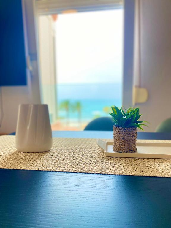 a table with a plate with a plant on it at Apartamento Luz del Mar in Torrox Costa