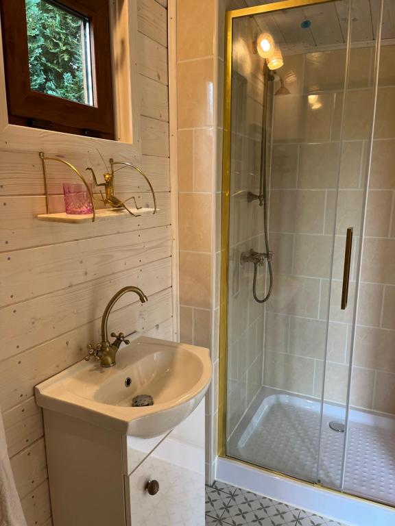 a bathroom with a sink and a shower at Sakura Tiny house in National park,salty pool in Staré Křečany