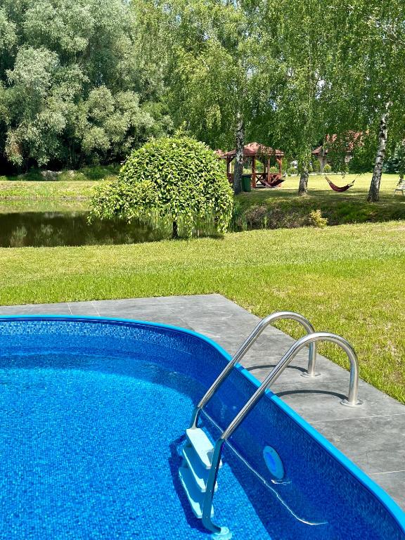 Blue outdoor pool ladder in foreground, grassy yard with pond, gazebo and hammocks beyond.