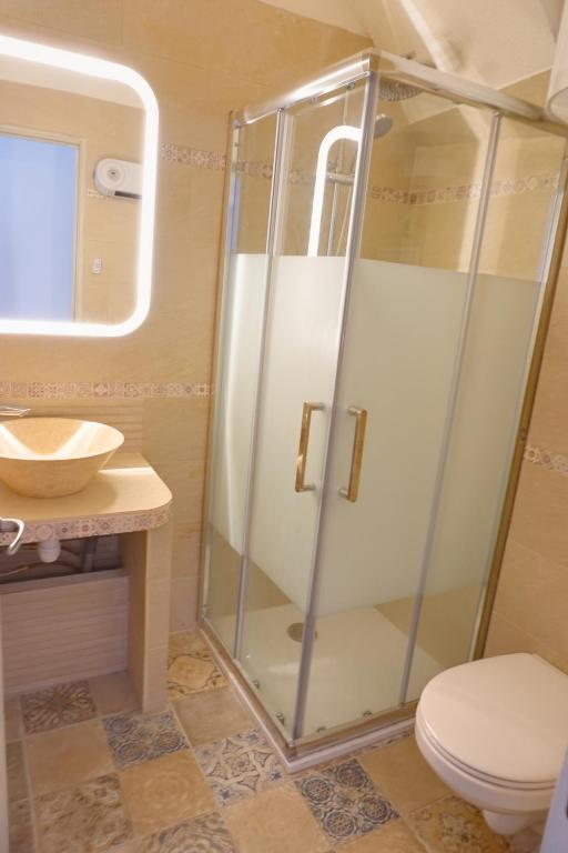 una doccia in un bagno con wc e lavandino di Charmant studio au centre de Riez a Riez