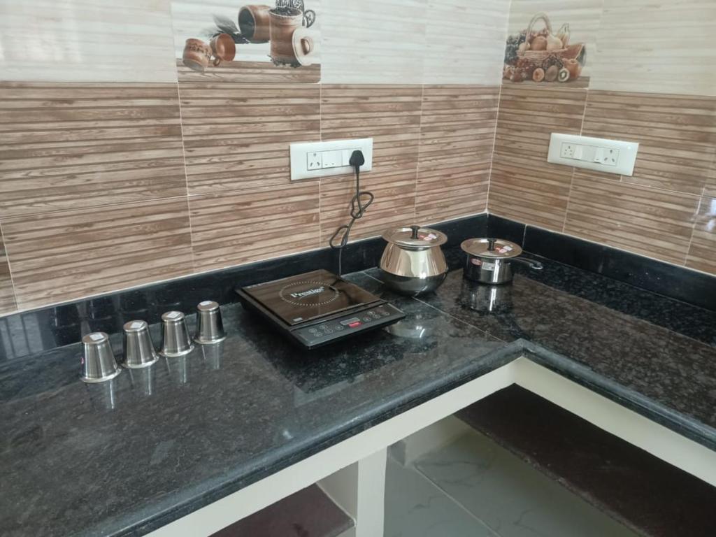 ティルチラーパッリにあるAkila Home Stayの鍋2つと鍋が付いたキッチンカウンター
