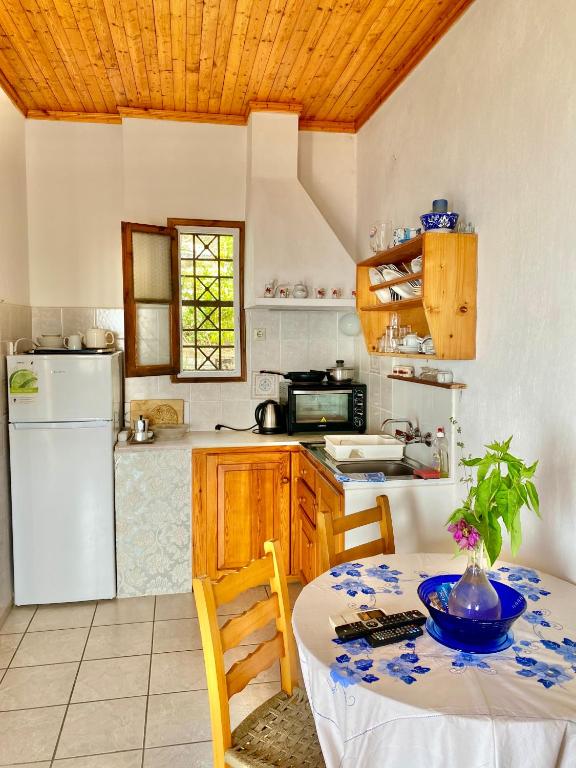 a kitchen with a table and a white refrigerator at Betsanis Stafylos Apartments in Stafylos