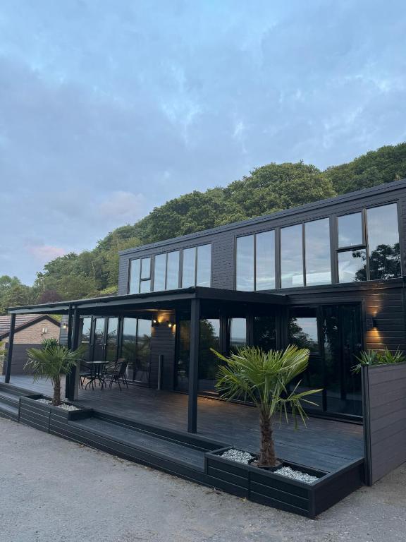 a black house with two palm trees in front of it at Eco House 1 in Prestatyn