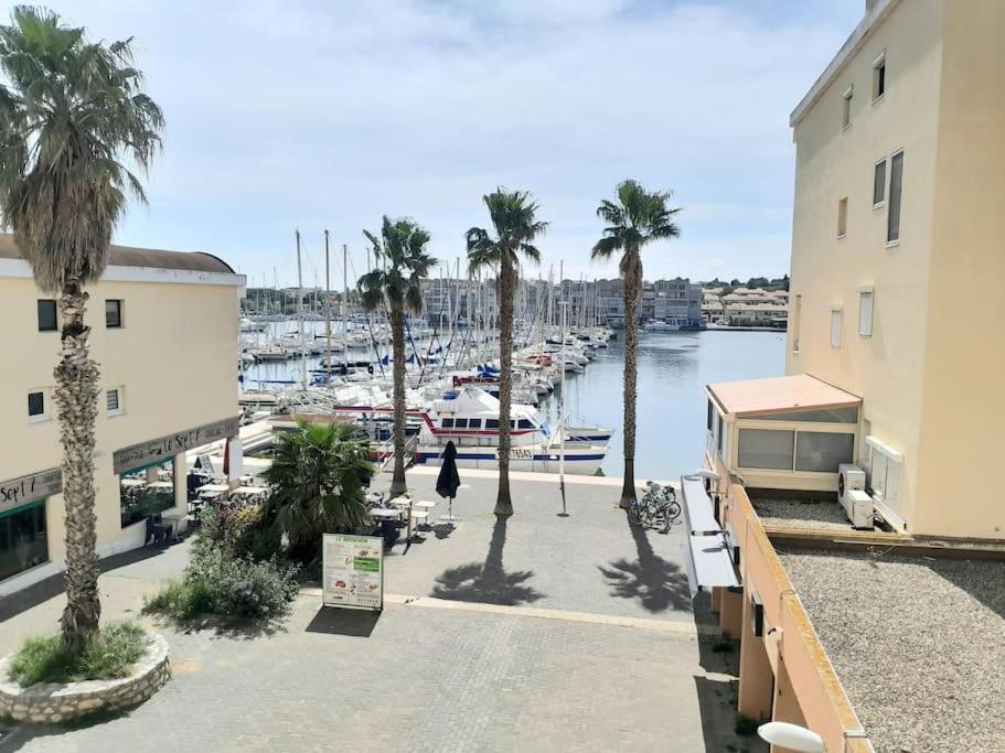 une femme marchant devant une marina avec des palmiers et des bâtiments dans l'établissement Studio rénové port Gruissan, à Gruissan
