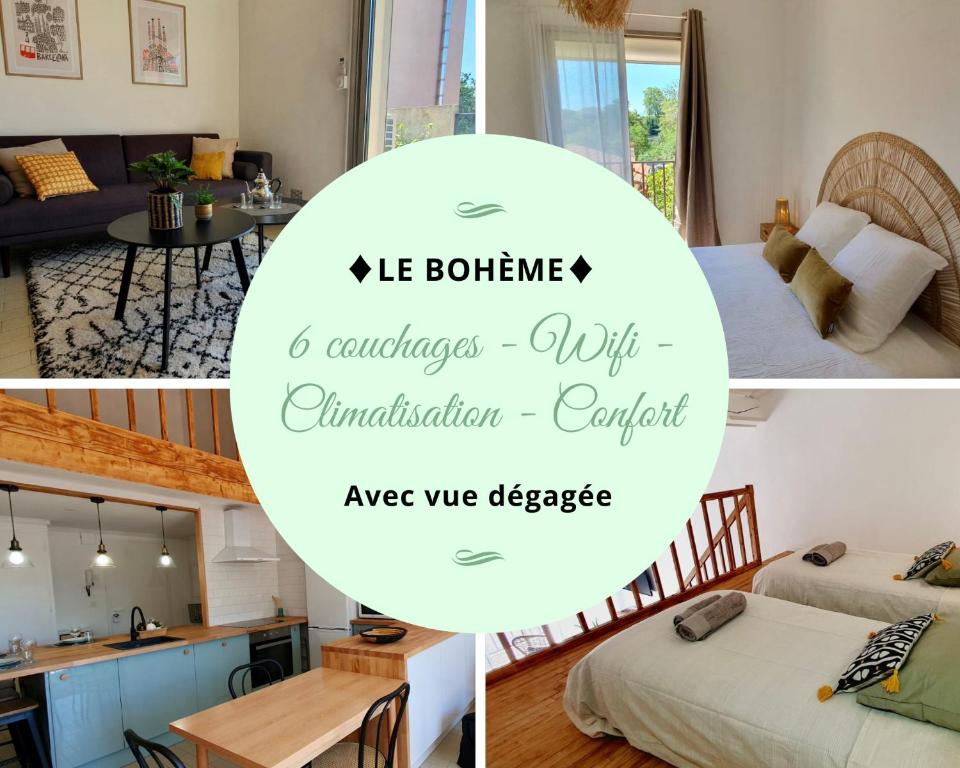 un collage de photos d'une chambre et d'un salon dans l'établissement Grand T2 Le Bohème, à Perpignan