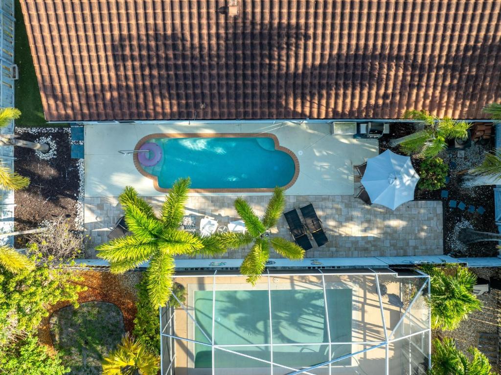 an overhead view of a swimming pool and palm trees at Charming Heated Pool Home - 3 miles to the Beach, Pet and Family Friendly -Available Year Round! in Bonita Springs