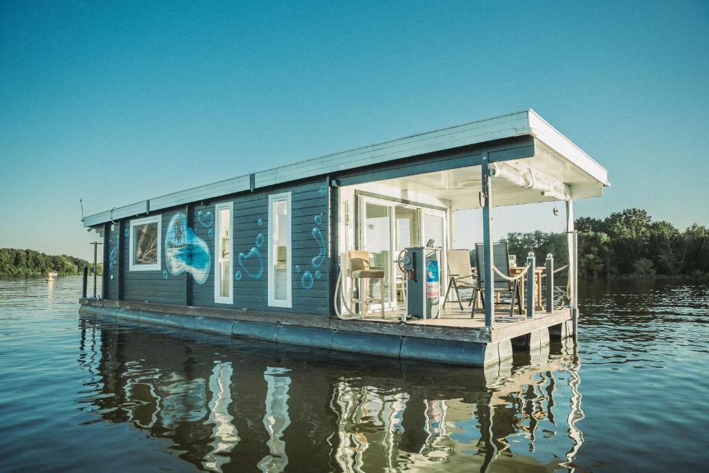 a house on a dock on a body of water at Hausboot Havelbiber in Kolonie Zern