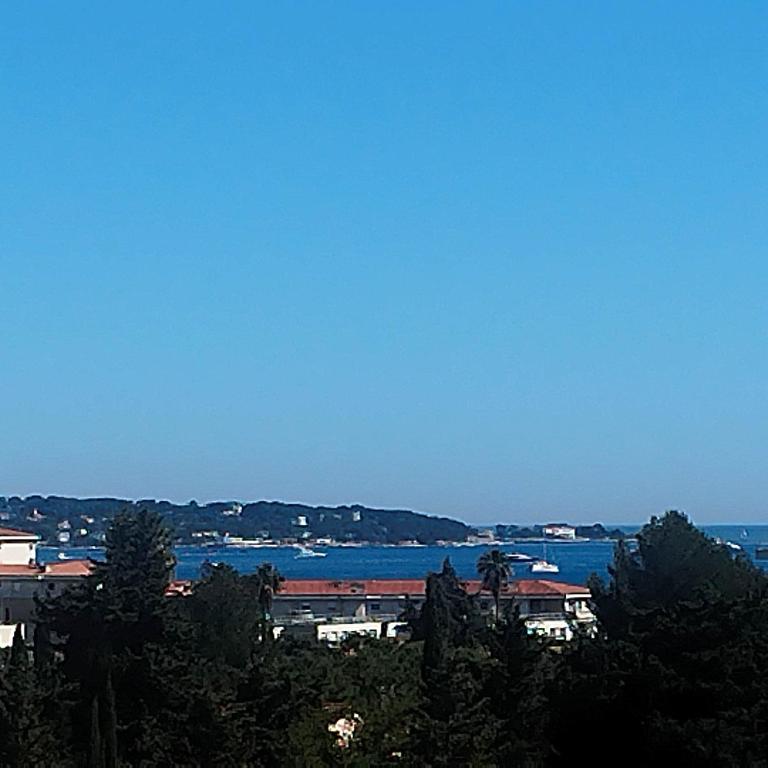 une vue sur une étendue d'eau avec des bâtiments et des arbres dans l'établissement Bel appartement 3 chambres 9 mn de la plage à pieds Juan les pins, à Antibes